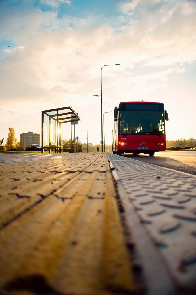 bus, sunset, city